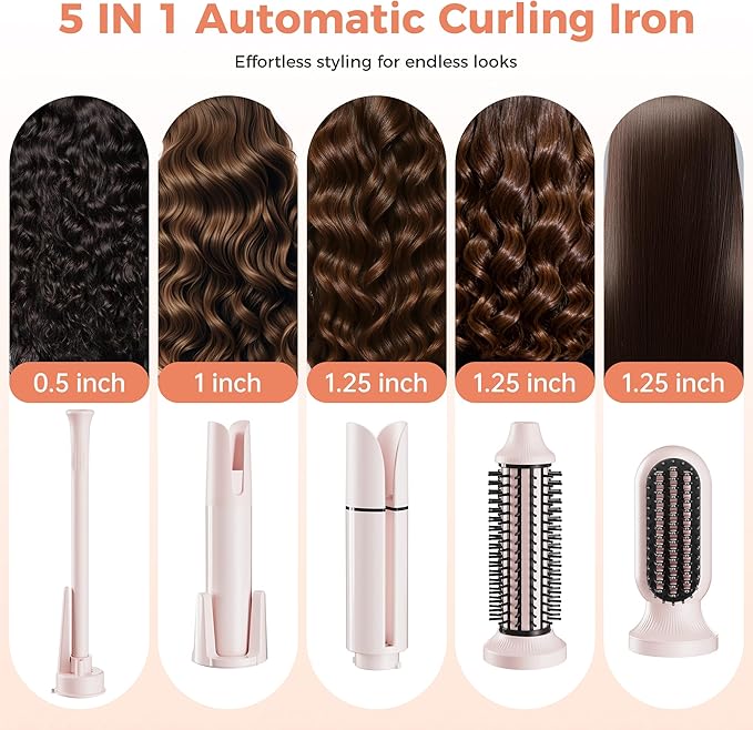 5 in 1 Automatic Curling Iron Set with Interchangeable Ceramic Barrels Straightening &amp Volumizing Brush 3 Temp &amp Timer Fast Heating Dual Voltage – 0.5/1/1.25 Inch Set