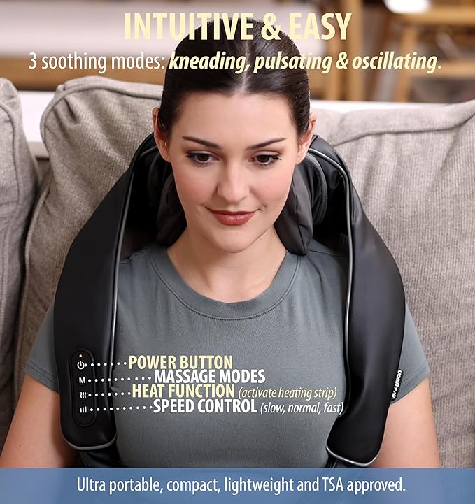 Zyllion Cordless Neck and Shoulder Massager with Heat - 4D Rechargeable Electric Shiatsu Kneading Deep Tissue Massage for Back and Muscle Pain Relief Black ZMA-36