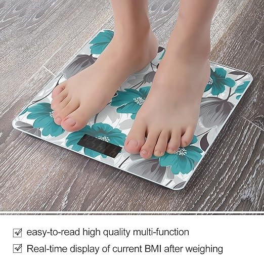 Teal Grey and White Floral1 Weight ScaleClear LED Display Bathroom Digital Weighing ScaleTempered Glass Digital Bathroom Scale for Body Weight Capacity Up to 400 Lbs