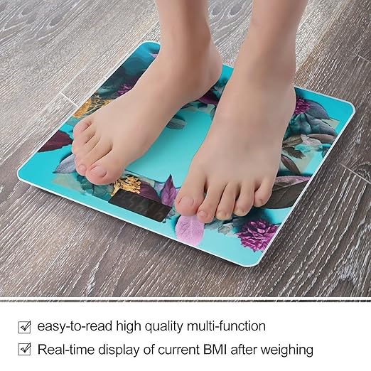 Frame of Flowers and Leaves Scale for Body Weight Anti-Slip Tempered Glass Digital Bathroom Scales Clear LCD Display Weighing Scale Safe Rounded Corners Smart Scales