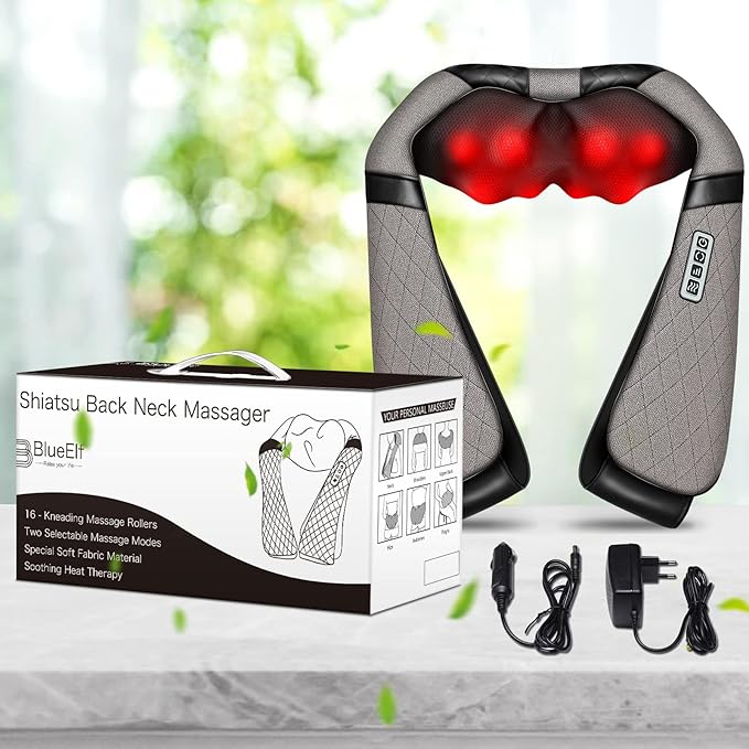 Blue Elf Shiatsu Electric Neck Back Massager Pillow 3D Kneading with Heat for Shoulder Lower Back Foot Leg Muscles Pain Relief Relax in Car Office and Home (Gray)