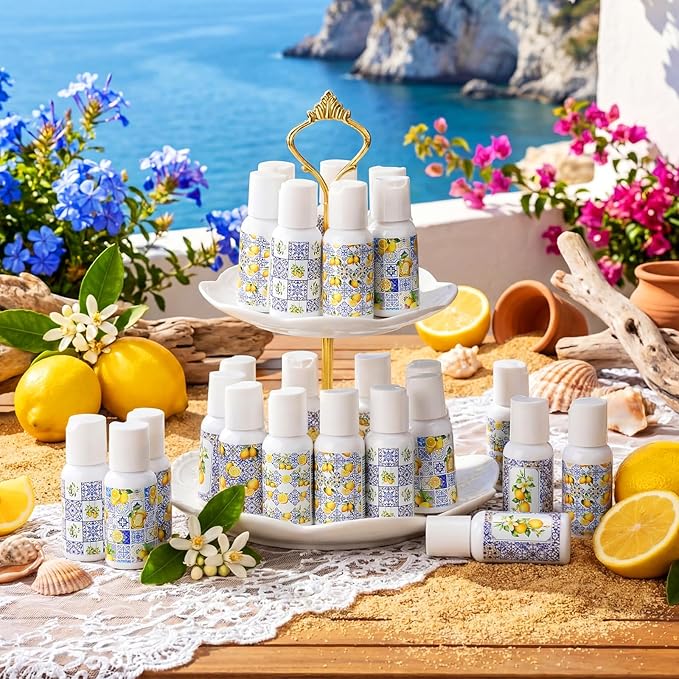 Demissle 24 Pcs Amalfi Coast Party Decorations Travel Size Mini Sunscreen Bulk Spf 30+ Summer Capri Lemon Small Sunscreen for Wedding Bridal Shower Mediterranean Party Decor 1 Fl. oz
