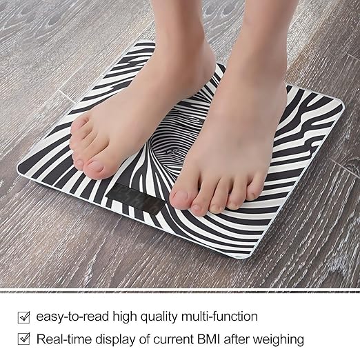 Zebra Print Bathroom Scale for Body Weight Bathroom Weighing Scales with Back Lit LED Display Sturdy Tempered Glass Body Weight Bathroom Scale 400lb Weighing