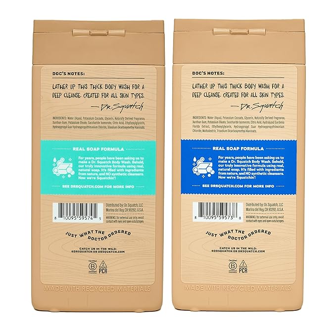 Dr. Squatch Natural Men's Body Wash Shower Gel - Cleansing Nourishing Long Lasting Scent Moisturizing Body Wash for Men - Fresh Falls + Coconut Castaway (14 oz 2-Pack)