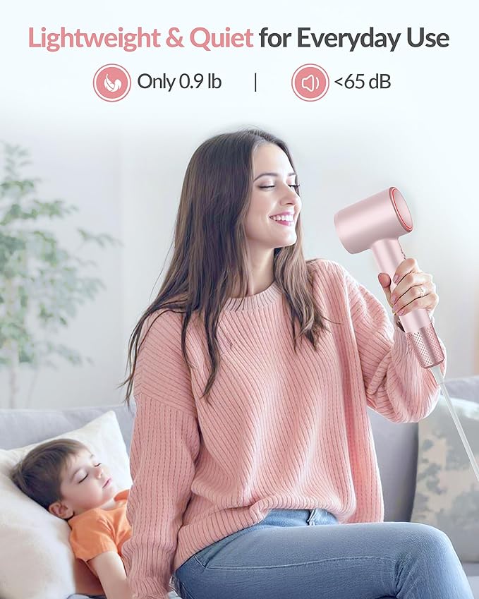Hair Dryer 15000 RPM High-Speed Brushless Motor Fast Drying for All Hair Types Negative Ionic Blow Dryer 3 Temps &amp 2 Speeds Control Quiet Compact Hair Blow Dryer for Home &amp Travel Use -Pink