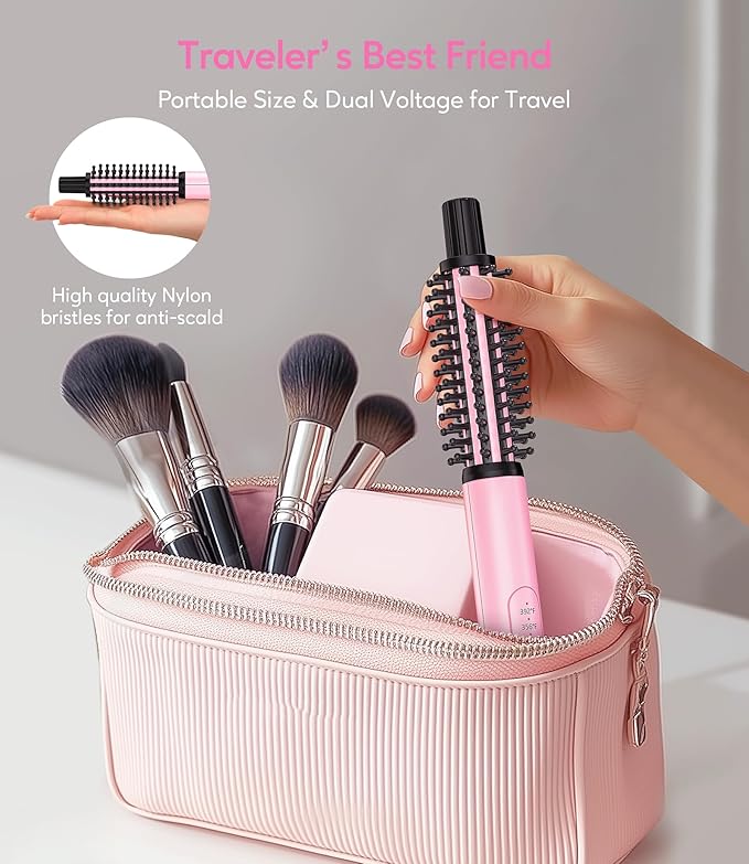 Farery Mini Thermal Brush 3 Temperature Adjustable 3/4 Inch Travel Curling Iron for Short Hair Heated Round Brush for Touch ups and Small Curls Travel Size Curling Wand Dual Voltage Pink