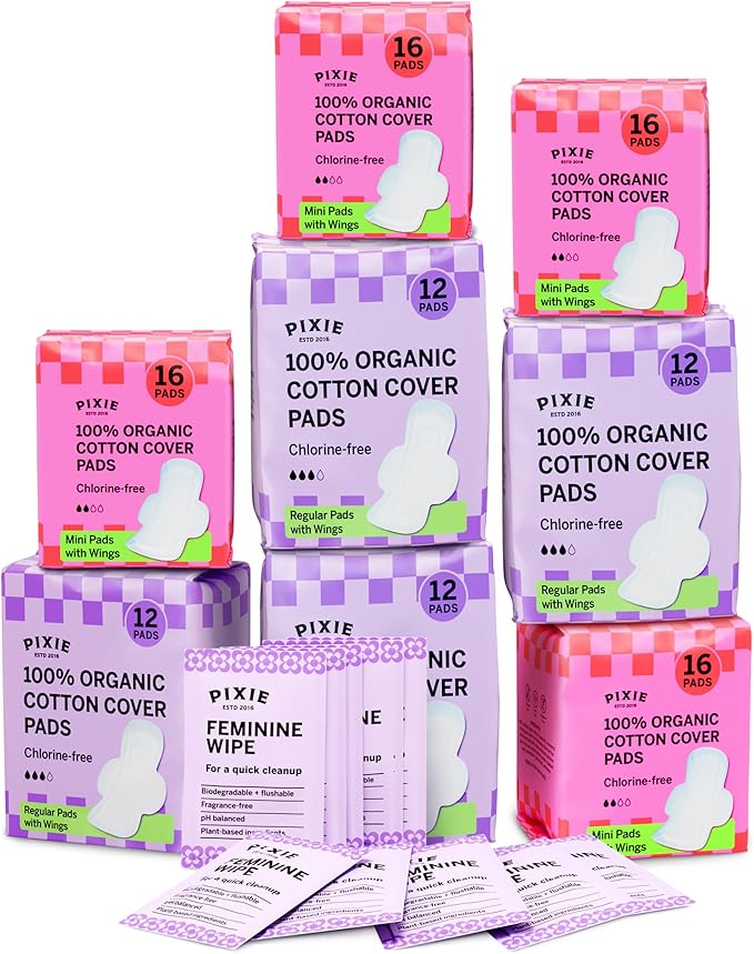 Pixie Organic Cotton Pad Kit for Girls – 64ct Mini &amp 48ct Regular Pads with Wipes – Leak-Proof with Wings – Perfect for Teens &amp Light to Average Flow