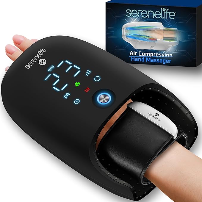 SereneLife Electric Hand Massager with Heat and Compression – Kneading Massage 6 Modes 6 Intensity Levels 3 Timer Settings for Relaxation &amp Stress Relief Black Open Hand