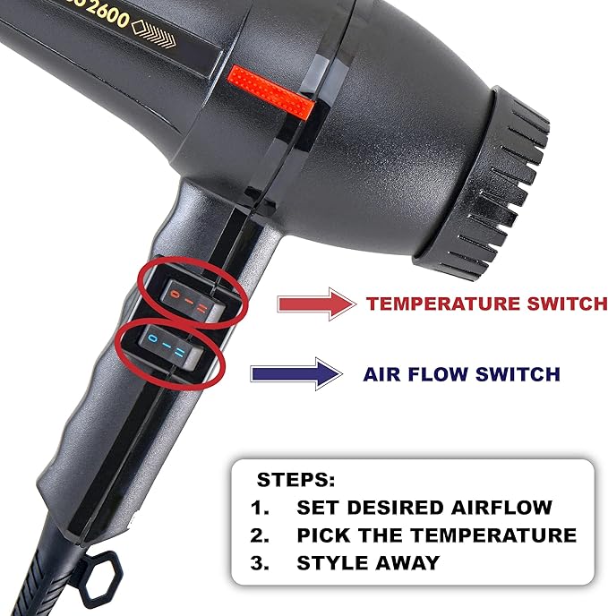 Turbo Power Twin Turbo 2600 Black Hair Dryer + M Hair Designs Hot Blow Attachment (Bundle) – High-Speed Professional Blow Dryer for Fast Drying &amp Precise Styling