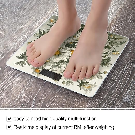 Watercolor Daisy Scale for Body Weight Anti-Slip Digital Bathroom Scale Sturdy Toughened Glass Weighing Scales High Precision Safe Rounded Corners Smart Scales