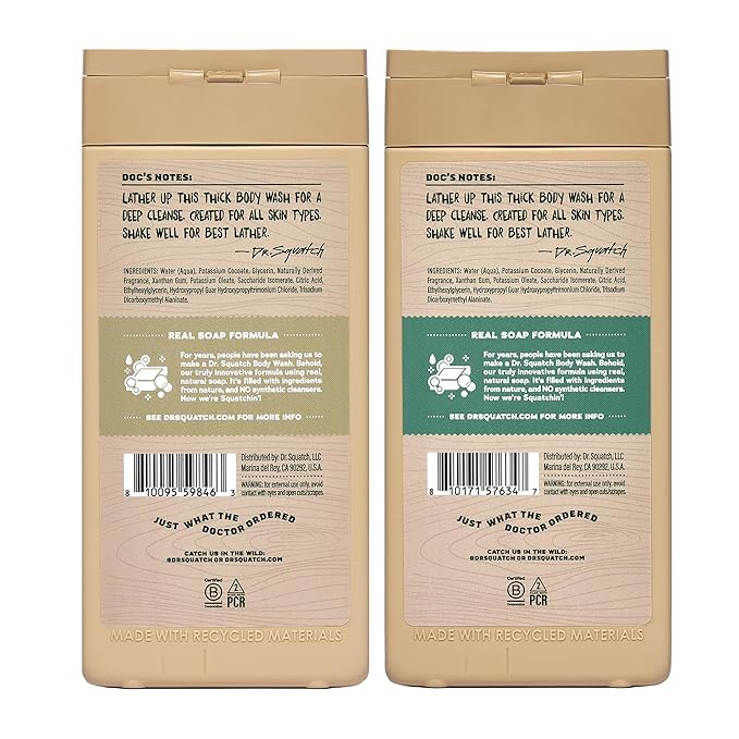 Dr. Squatch Natural Men's Body Wash Shower Gel - Cleansing Nourishing Long Lasting Scent Moisturizing Body Wash for Men - Birchwood Breeze + Rainforest Rapids (14 oz 2-Pack)