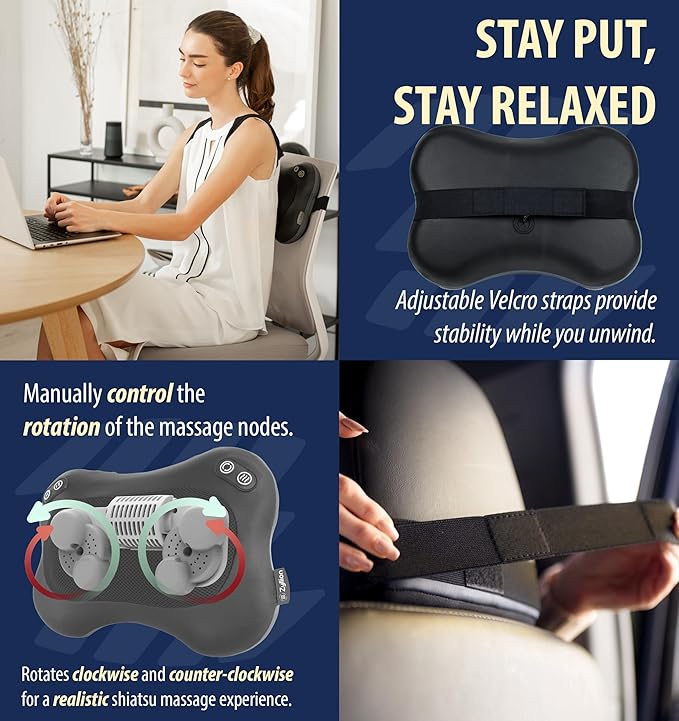 Zyllion Shiatsu Back and Neck Massager with Heat - Cordless Rechargeable 3D Electric Kneading Deep Tissue Massage Pillow with 2 Speeds for Muscle Pain Relief Black ZMA-34RB