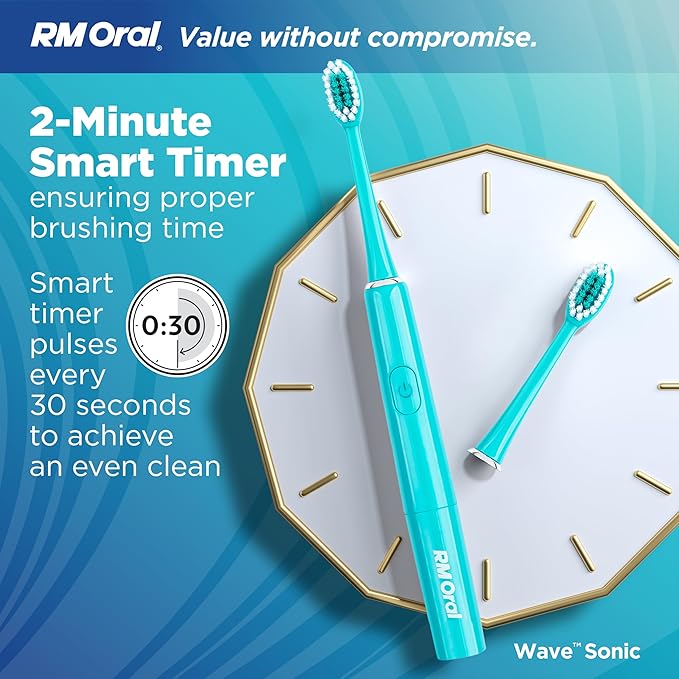 RM Oral Wave Sonic Battery-Operated Toothbrush with Soft Bristles &amp Travel Case 56000 Sonic Vibrations for Clean &amp Sensitive Whitening &amp Plaque Removal 2-Minute Timer Aquamarine