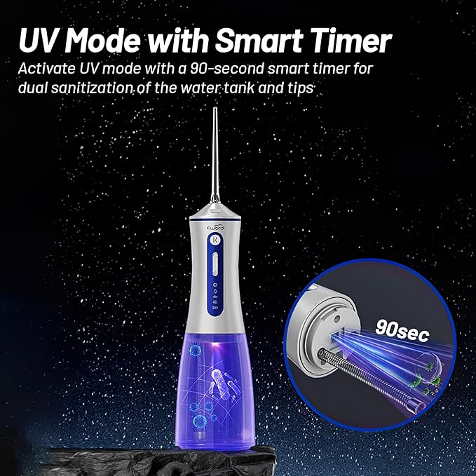 Water Dental Flosser Cordless with UVC Light 3 Modes Portable Oral Irrigator IPX7 Waterproof 300ML Tank Electric Teeth Cleaner for Tonsil Stones Home &amp Travel Use (Pink)