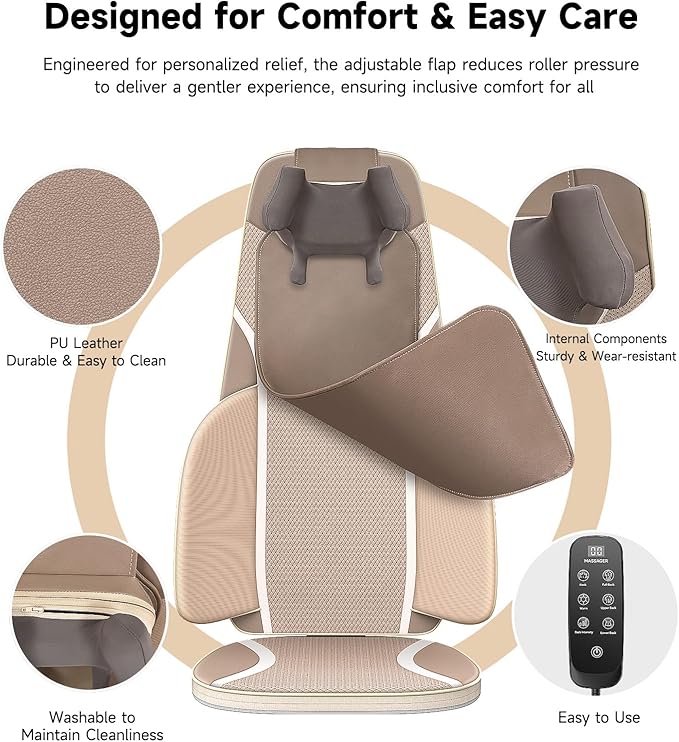 Flekzo Shiatsu Back &amp Neck Massage Chair Seat Cushion with Heat – 4D Kneading Adjustable Intensity Adjustable Neck Height Full Back Pain Relief Deep Tissue Office Chair Massager Brown