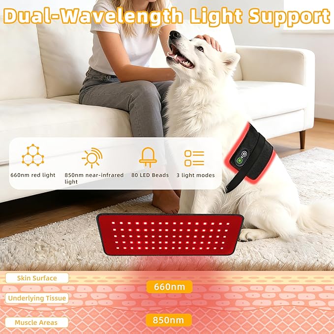 Pets Red Light Therapy Belt LED Infrared Light Therapy for Dogs and Cats with 80 LEDs 660nm and 850nm RedWearable Device for Pain Relief