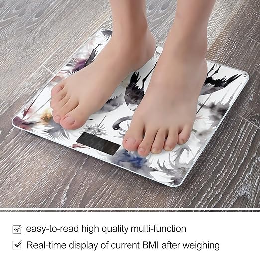 Black and White Crane Pattern Bathroom Scale Automatic Power On/Off Body Scales LCD Backlight Display Square Digital Scale Rounded Corners Bathroom Scales for Home Bedrooms