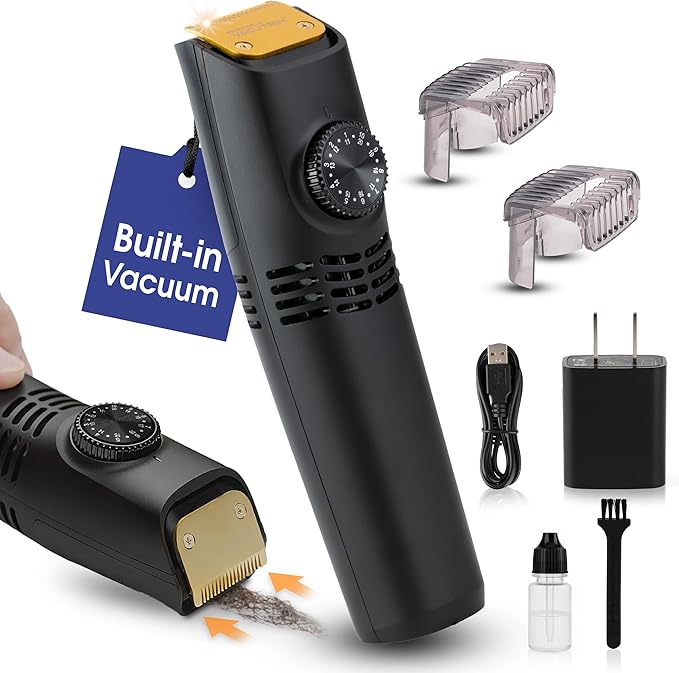 Vacutrim Cordless Mens Beard Trimmer Rechargeable Electric Shaver with 20 Trim Setting Calibration Dial and Built-in Vacuum for Mustache Sideburns. Facial Hair Black 7.5 As Seen On TV