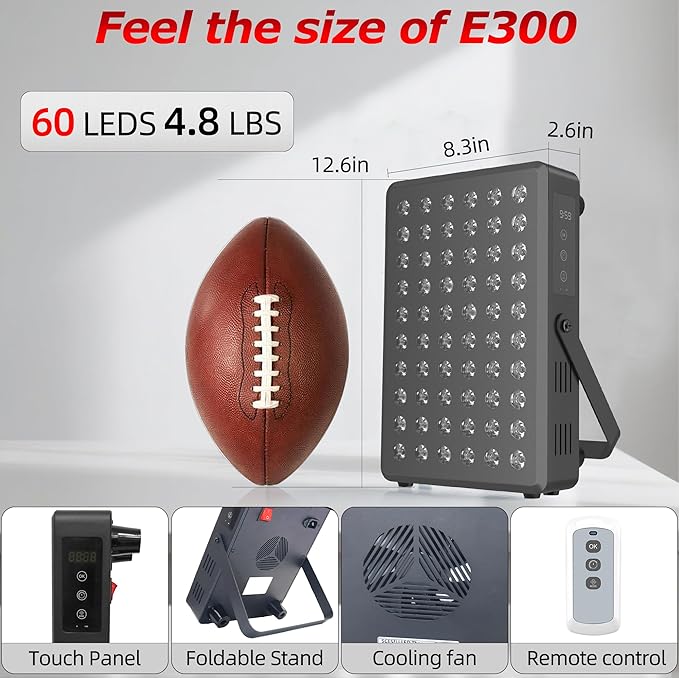 Red Light Therapy Panel for Body and Face 660nm Red 850nm and Near Infrared Panel Built-in Timer 60 LEDs High Power Promote Sleep Improve The Body Relieve Muscle Fatigue（E300-Black)