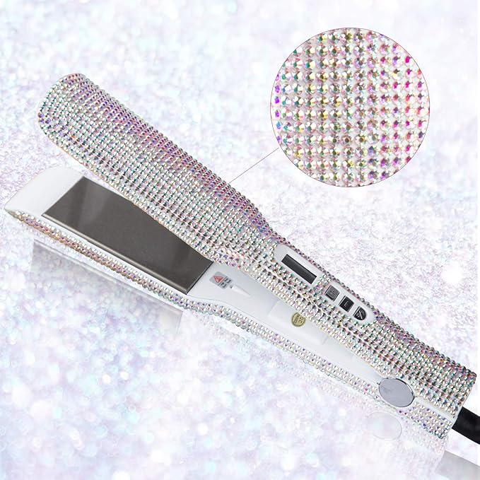 DORISILK Crystal Diamond Titanium Hair Straightener 2 Inch Rhinestone Flat Iron Dual Voltage Straightening Irons Instant Heat-up 480°F Quick Styling LCD Display Gorgeous Rhinestone (AB Shine)