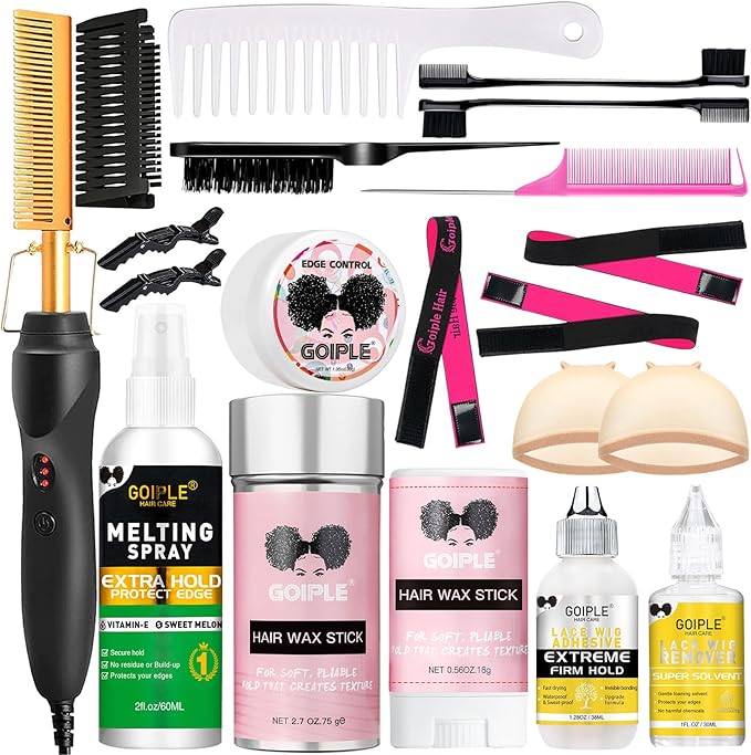 Electric Hot Comb Hair Straightener Deluxe Electrical Straightening Comb Curling Iron for Natural Black Wigs Hot Comb Electric for Wigs Pressing Combs with Wig Glue Melting Spray Hair Wax Stick