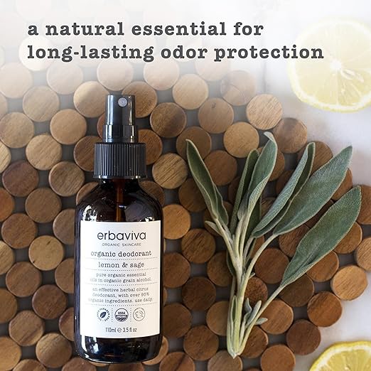 Erbaviva Lemon &amp Sage Organic Deodrant 3.5 Fl Oz - Underarm Spray with Powerful All Natural Essential Oils - Unisex Warm &amp Woodsy Smelling Deodorant For Odor Protection Aluminum and Chemical