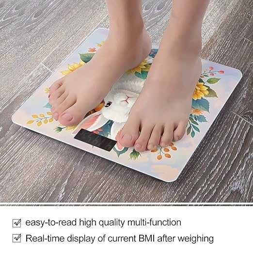 Watercolor Rabbit and Flowers Bathroom Scale for Body Weight Bathroom Weighing Scales with Back Lit LED Display Sturdy Tempered Glass Body Weight Bathroom Scale 400lb Weighing