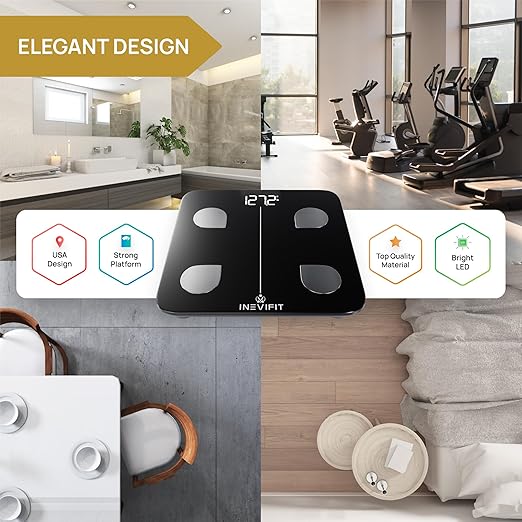 INEVIFIT Smart Body Fat Scale Highly Accurate Bluetooth Digital Bathroom Body Composition Analyzer Measures Weight Body Fat Water Muscle Visceral Fat &amp Bone Mass for Unlimited Users (Black)