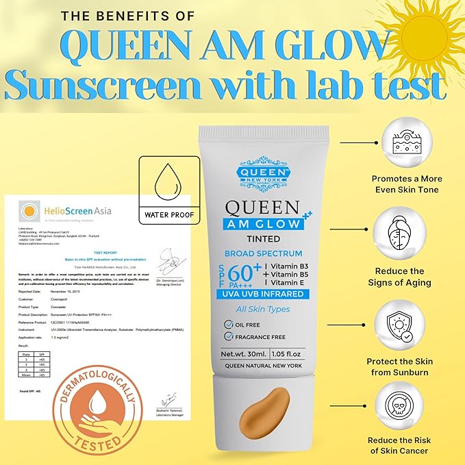 QUEEN SUN PLUS + QUEEN AM GLOW Sunscreen SPF 60 Primer-Anti Aging Face Moisturizer- Vitamin B3 B5 E- Non-Greasy Silky Touch Instant dry-oil free fragrance free by QUEEN NATURAL NEW YORK