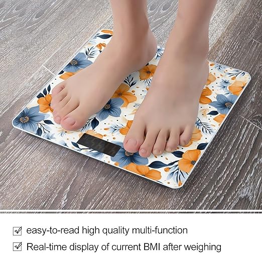 Blue and Orange Flowers on White Background Bathroom Scale for Body Weight Bathroom Weighing Scale with Backlit LCD Display Highly Accurate Measures Weight Up to 180kg