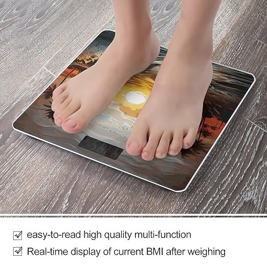 Palm Trees Ocean Waves Sunset Scale for Body Weight Anti-Slip Digital Bathroom Scale Sturdy Toughened Glass Weighing Scales High Precision Safe Rounded Corners Smart Scales
