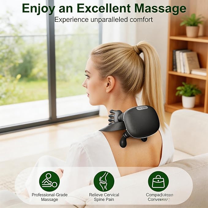 CBQ Neck and Shoulder Massager with Heat for Pain Relief Deep Tissue Bionic Hand Massager for Back Neck Relaxation Cordless Portable Home Office Travel Massage Adjustable Intensity