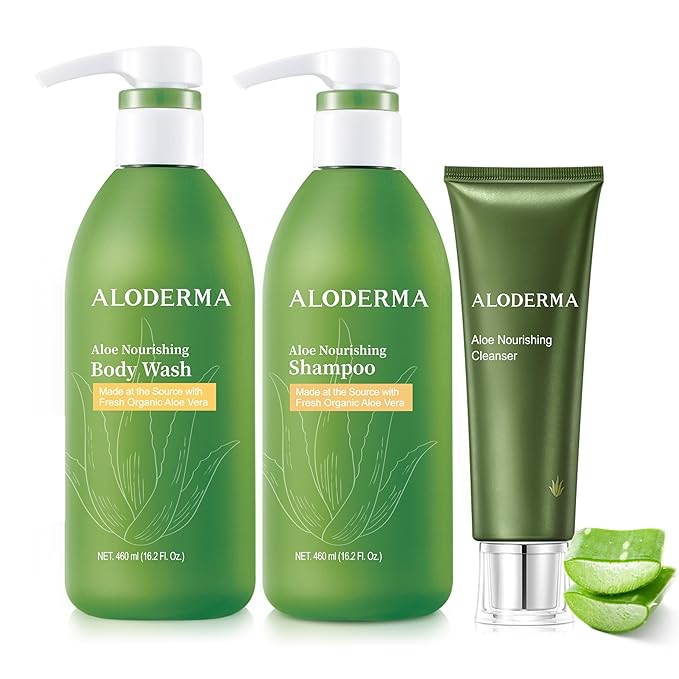 Aloderma Aloe Shower Set 3 pcs - Body Wash Nourishing Shampoo Nourishing Face Cleanser - Hydrating Moisturizing