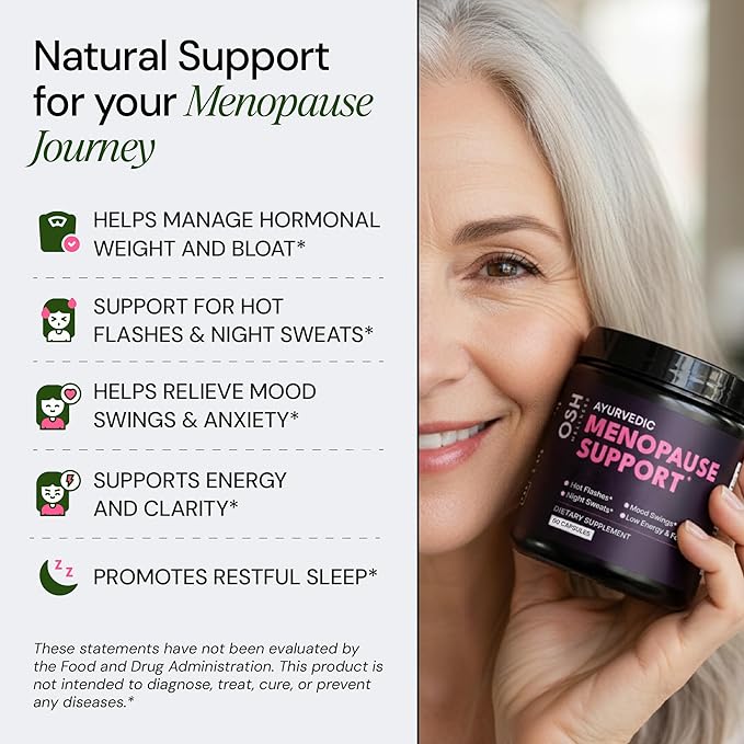 Menopause Supplements for 45+ Women | Hot Flash Night Sweat &amp Mood Swing Relief | Ayurvedic Herbal Blend with Shatavari Ashwagandha Black Cohosh | Eases Dryness &amp Boosts Libido | 60 Capsule
