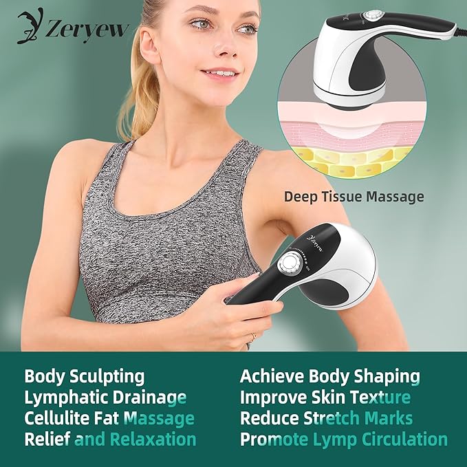 Handheld Cellulite Massager Body Sculpting Machine Cellulite Massager Electric Tool Lymphatic Massage Roller with 8 Rotating Heads &amp 2 Mesh Caps for Body Shaping &amp Lymphatic Drainage