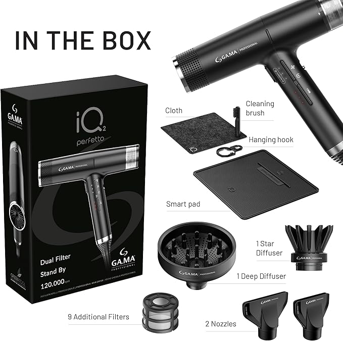 GA.MA iQ2 Perfetto Hair Dryer with 120000 RPM Intelligent Turbo Motor Auto-Standby Oxy Active Technology Includes 10 Filters Black