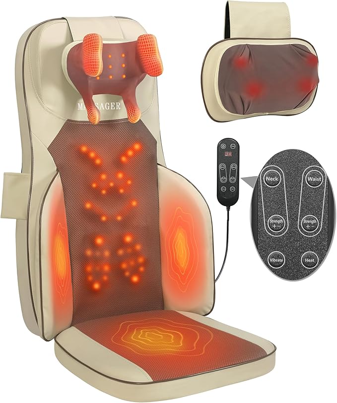 Shiatsu Neck Back Massager Chair Pad w/Heat - Back Massager for Pain Relief Deep Tissue Full-Back Kneading Rolling - Adjustable Neck Height &amp Intensity