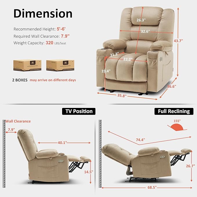 MCombo Recliner Chair for Adults Zero Gravity Recliner with Massage and Heat USB &amp Type C Ports Cup Holders for Living Room 6079(Beige)