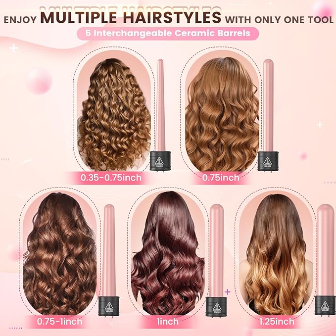 5 in 1 Curling Iron Wand Set Hair Curling Iron Interchangeable Ceramic Barrels (0.35 to 1.25 Inch) Barrel Heat Protective Glove 2 Clips Dual Voltage Hair Curler for Girls Women Gift - Rose Gold