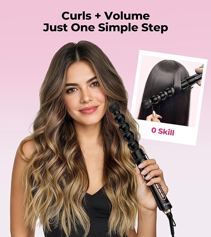 Farery Bubble Curling Wand for Long Hair - 32mm Springless Barrel for Defined Spiral Curls &amp Waves Ceramic Coated for Smooth Shine Includes Heat Resistant Glove 5 Temp Settings Dual Voltage