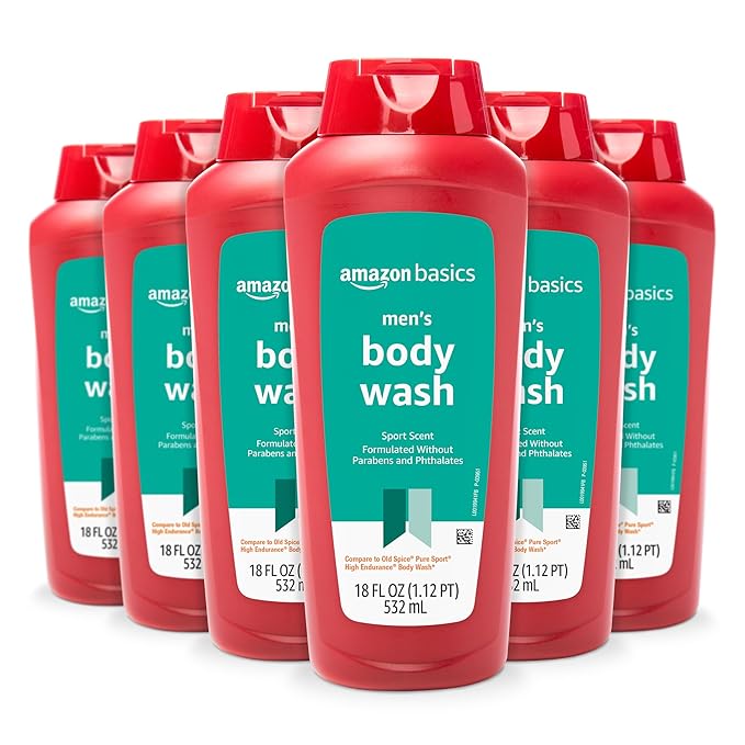 Amazon Basics Men's Body Wash Sport Scent Paraben and Phthalate Free Refreshing Clean 18 Fluid Ounce 6-Pack