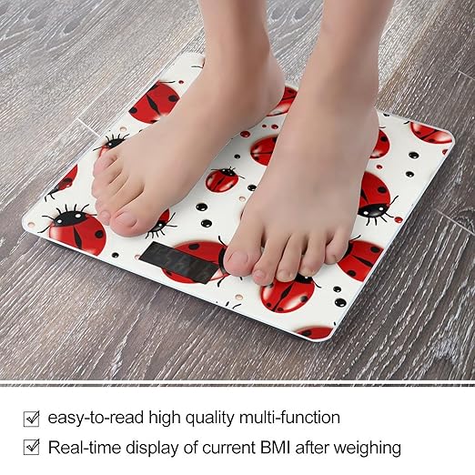 Red Ladybug Scale for Body Weight Sturdy Tempered Glass Weighing Scales with LCD Display Accurate Digital Bathroom Scale Convenient Body Fat Smart Scales Easy Read