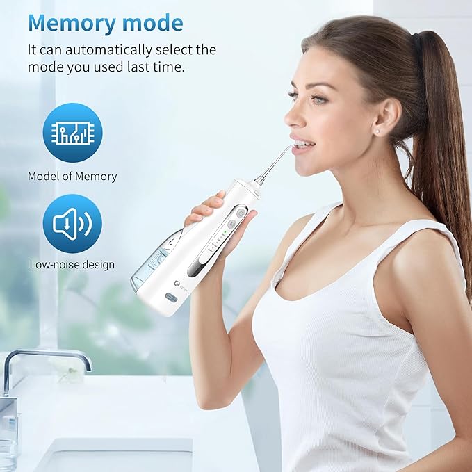 Cordless Oral Irrigator - 4 Modes Water Flosser for Teeth Cleaning 300ML Reservoir 360° Nozzle IPX7 Waterproof 2000mAh Rechargeable Battery 4 Jet Tips Smart Memory Function (M149 - White)