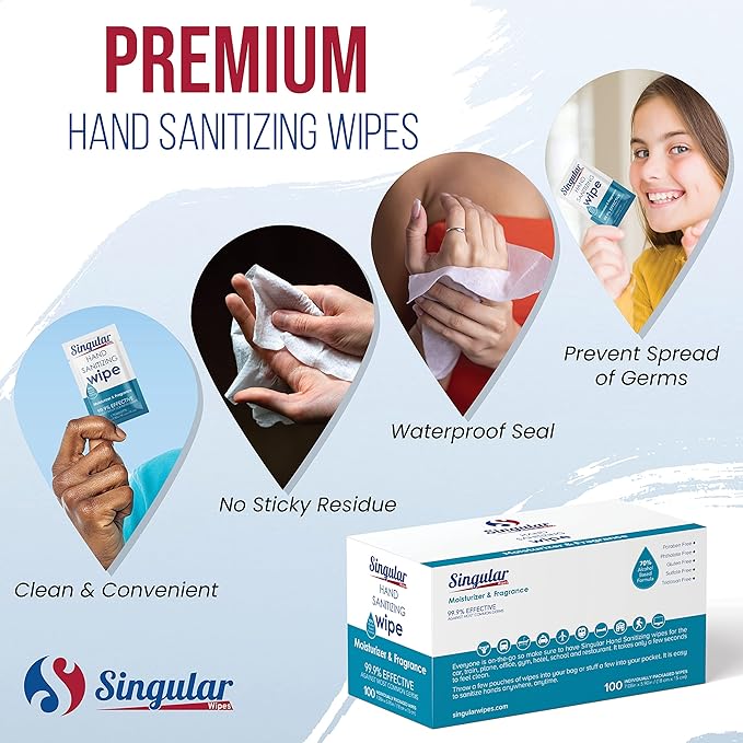 Hand Sanitizing Wipes Travel Size by Singular Wipes – 100ct Individually Wrapped | Fresh Citrus Scent Moisturizing 70% Alcohol Wipes | Travel Office School Home | Made in USA