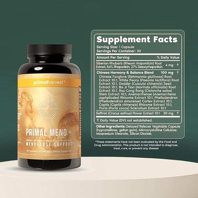 Primal Harvest Meno+ Menopause Support with Saffron &amp Chinese Herbs Support Mood Menopausal Symptom Relief &amp General Well-Being (1 Pack)