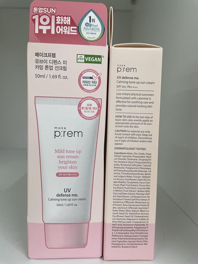 MAKE P:REM UV Defense Me. Calming Tone Up Sunscreen Non-Nano Zinc Oxide Reef Safe Chemical Free Non-Greasy SPF 50 Korean Sunscreen1.69 fl. oz. (50ml)