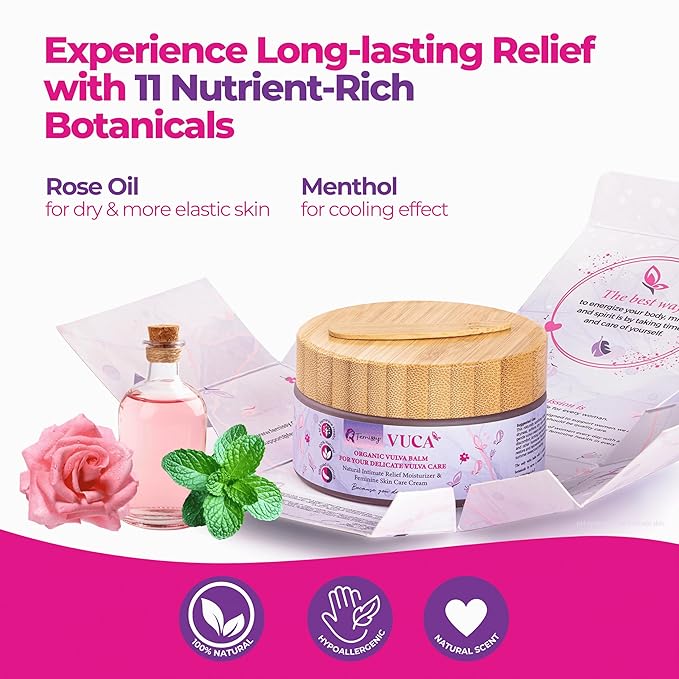 Vulva Balm (Rose &amp Menthol 2oz) – All-in-One Organic Vaginal Moisturizer with 11 Botanicals – Hormone-Free &amp Incontinence Care Cream for Sensitive Skin – Soothes Redness Dryness &amp Irrita
