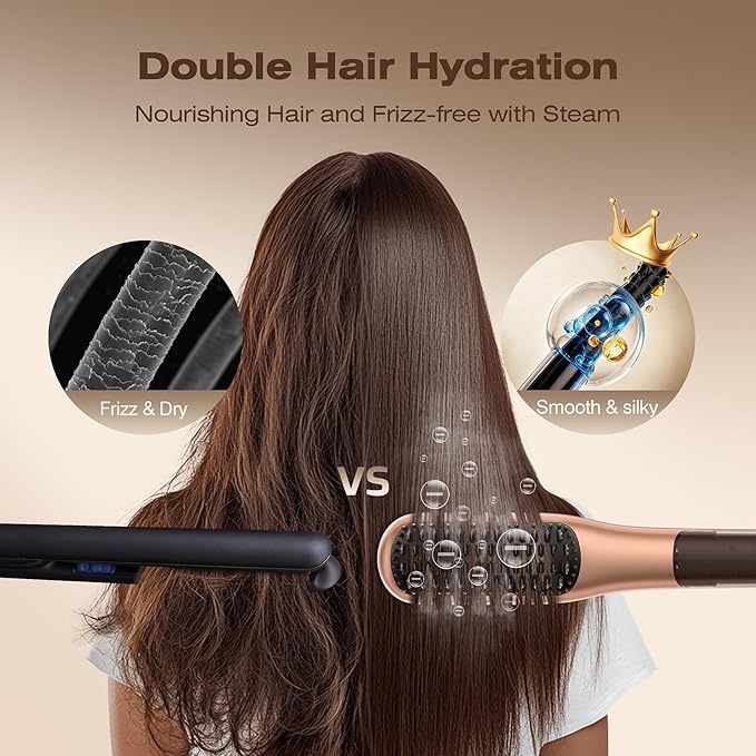 Steam Hair Straightener Brush Steamline Pro 3 in 1 Straightening Brush Curly &amp Frizzy HairSmooth Without Flattening 5 Temp Settings &amp LED Display Dual Voltage Professional Styling Tools