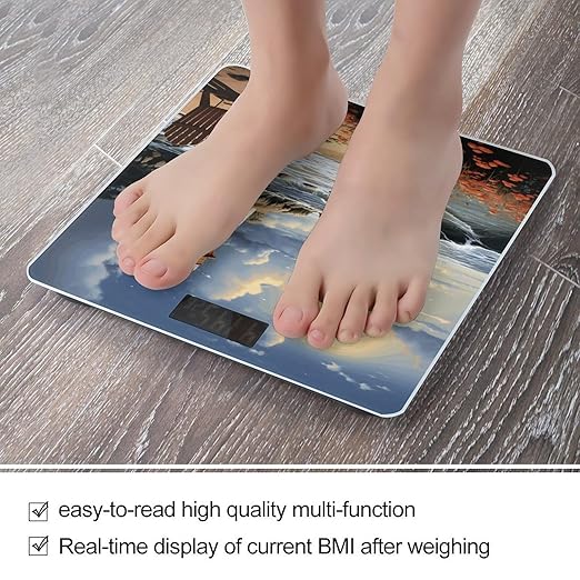 Sea Lighthouse Sandbeach Scale for Body Weight High Precision Digital Weight Scales with LCD Display Anti-Slip Sturdy Slim Tempered Glass Bathroom Scale for Home Use