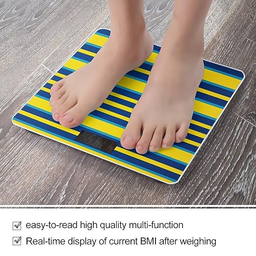 Yellow and Blue Stripes Digital Bathroom Scale for Body Weight Weighing Scale with Backlit LCD Display High Precision Measurements &amp Measures Weight Up to 180kg